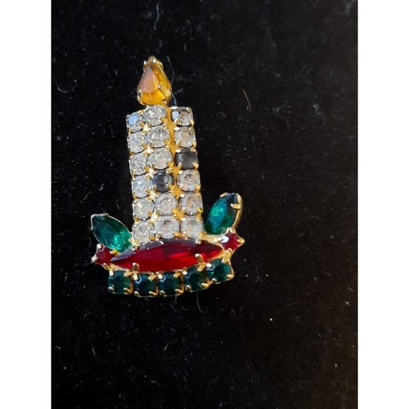 Christmas Candlestick Vintage Brooch Pin Rhinestones Red Green Clear Stones - Picture 1 of 6